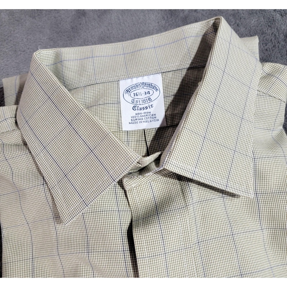 Brooks Brothers Dress Shirt Men 16.5 34 Green Micro Houndstooth Non Iron Classic